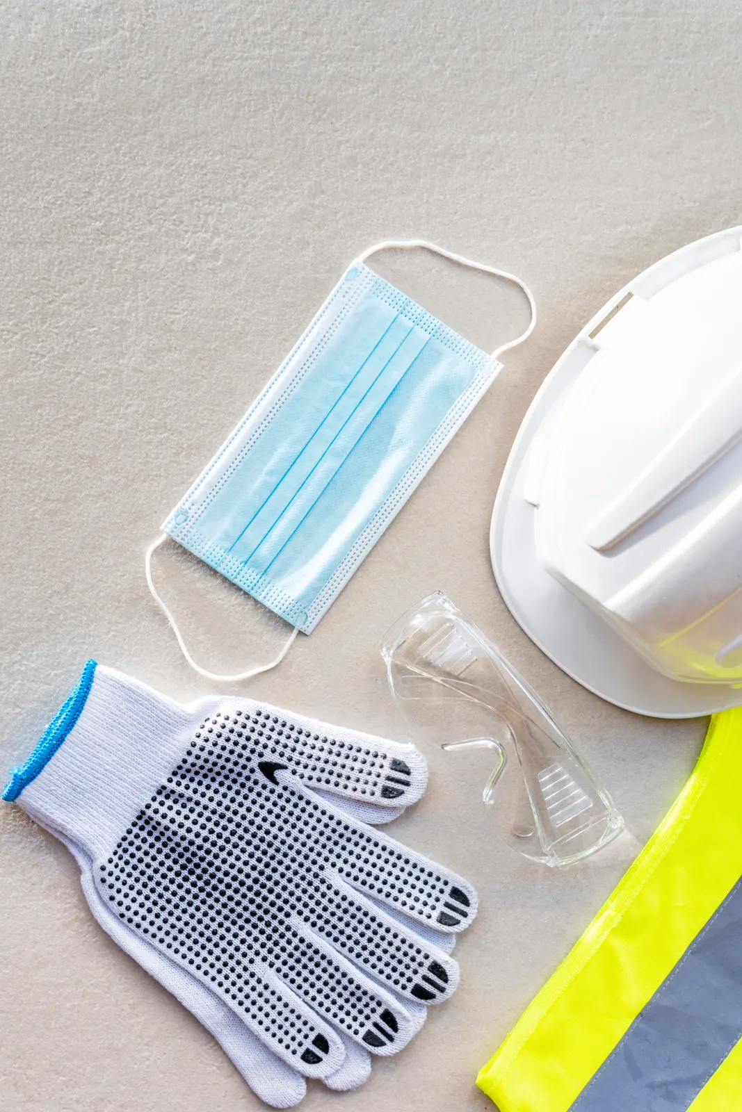 Equipamentos de proteção individual — máscara, luvas, óculos e capacete — organizados para inspeção