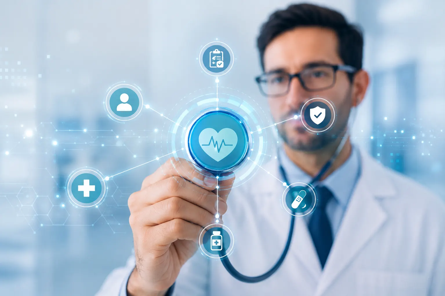 Médico interagindo com painel digital de indicadores de saúde