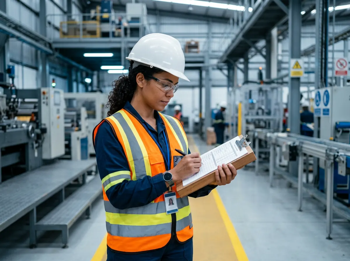 Técnica de segurança do trabalho fazendo inspeção de riscos em chão de fábrica